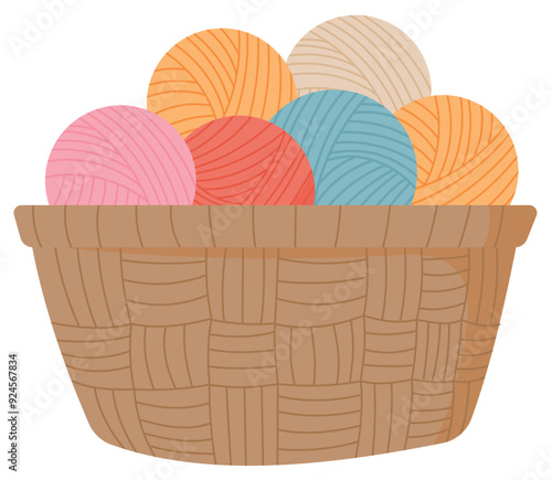 Crochet wool ball and basket badge, cartoon crochet craft supplies design, doodle tailor decoration illustration, hand drawn fashion tool element, flat dressmaking accessories object,