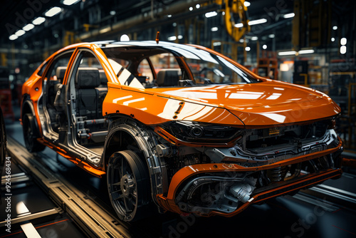 A car is being built in a factory. The orange car is in the middle of the assembly line