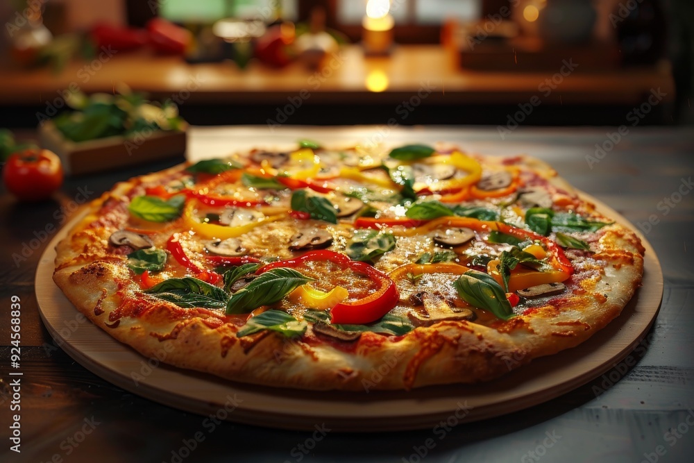 A delicious pizza topped with vegetables and fresh basil, presented on a wooden board. A delicious pizza topped with vegetables and fresh basil, presented on a wooden board.