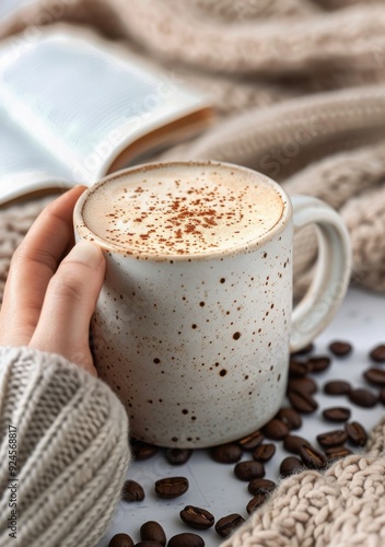 Cozy Coffee Mug Surrounded by Coffee Beans and Warm Textiles in Soft Lighting
