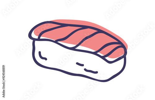 Nigiri sushi with salmon slice on rice. Traditional Japanese cuisine, food with fresh raw red fish, tuna. Delicious Asian Japan seafood. Flat vector illustration isolated on white background
