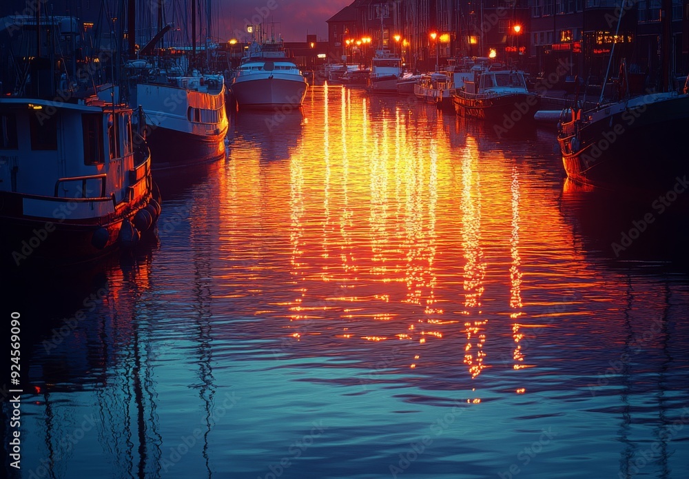 Fototapeta premium Early morning sunrise over the harbor with soft, warm light illuminating the water and creating vibrant reflections on the surface