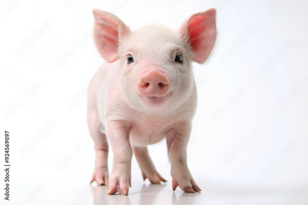 Adorable pink miniature pig stands upright on hind legs, front legs folded, sweetly gazing forward with curious eyes against a clean white background. Adorable pink miniature pig stands upright on hind legs, front legs folded, sweetly gazing forward with curious eyes against a clean white background.