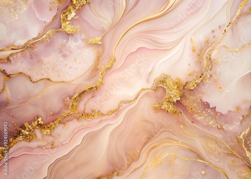 Ethereal abstract art featuring soft pink marble tones with rich gold accents on a translucent pale pink background, boasting organic smudges and fluid textures. photo