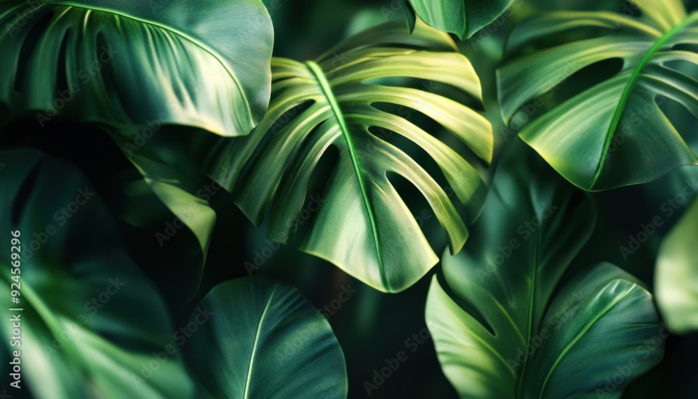 Close-up of Lush Green Monstera Leaf with Detailed Veins and Texture Close-up of Lush Green Monstera Leaf with Detailed Veins and Texture