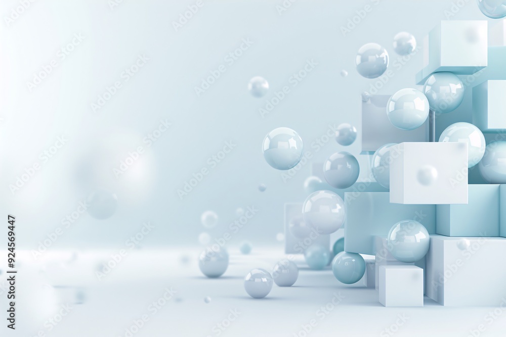 An abstract 3D background with floating cubes and spheres, arranged to ...