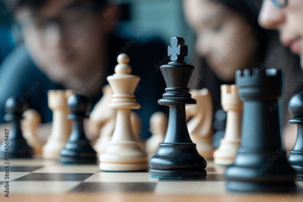 High school students playing chess in a club meeting. They are concentrating and making strategic moves High school students playing chess in a club meeting. They are concentrating and making strategic moves