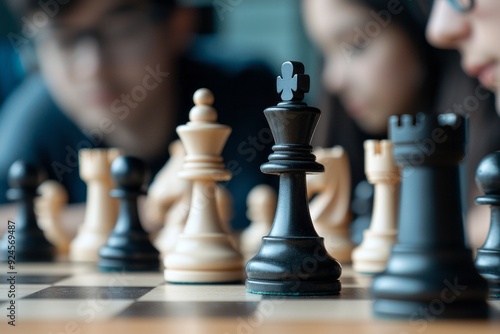 High school students playing chess in a club meeting. They are concentrating and making strategic moves