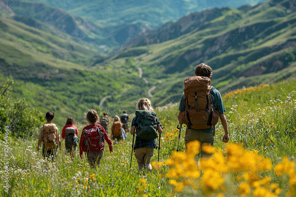 a candid photo of a family and friends hiking together in the mountains in the vacation trip week a candid photo of a family and friends hiking together in the mountains in the vacation trip week