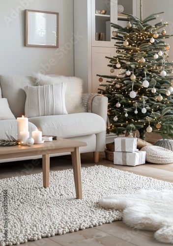 Smiling Woman Sitting Cross-Legged by Christmas Tree Decorated With Lights an...