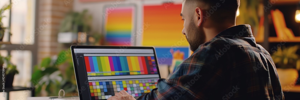A professional graphic designer viewed from behind, engrossed in work, adjusting vibrant colors on a computer screen in a creative studio setting.