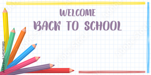 Back to school banner, template with space for text. A checkered background with colored pencils. For banner, poster, background, sale, invitation