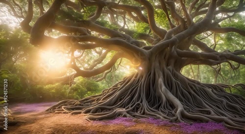view from below of an old and large banyan tree with sunlight in the background