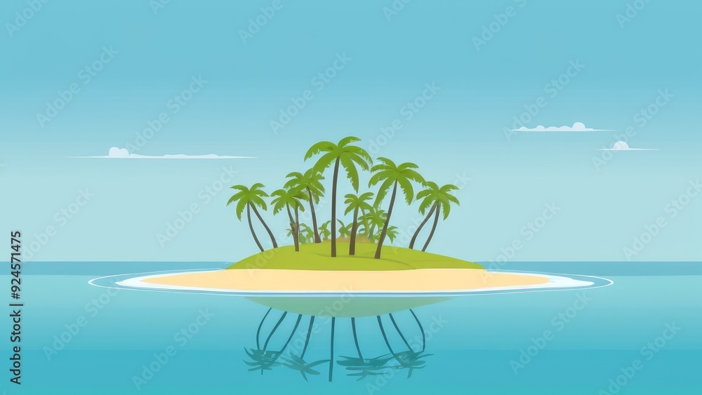 Fototapeta premium A tranquil tropical island with palm trees surrounded by clear blue ocean waters, under a bright blue sky with fluffy clouds and flying seagulls