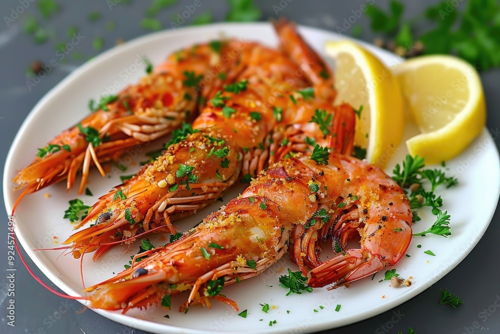 A delicious plate of grilled shrimp garnished with herbs and lemon slices. A delicious plate of grilled shrimp garnished with herbs and lemon slices.