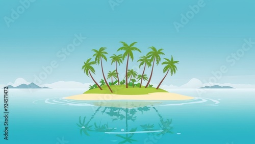 A serene island oasis with palm trees, depicted with gentle waves and a calm sea, set against a clear sky dotted with white clouds and birds photo