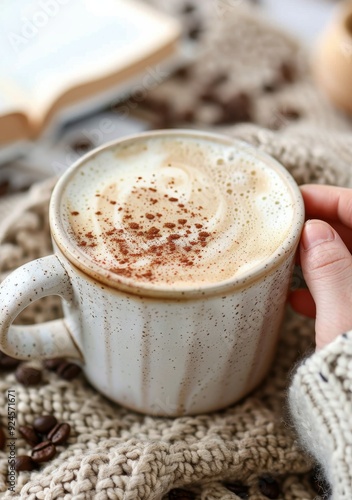 Cozy Coffee Mug Surrounded by Coffee Beans and Warm Textiles in Soft Lighting