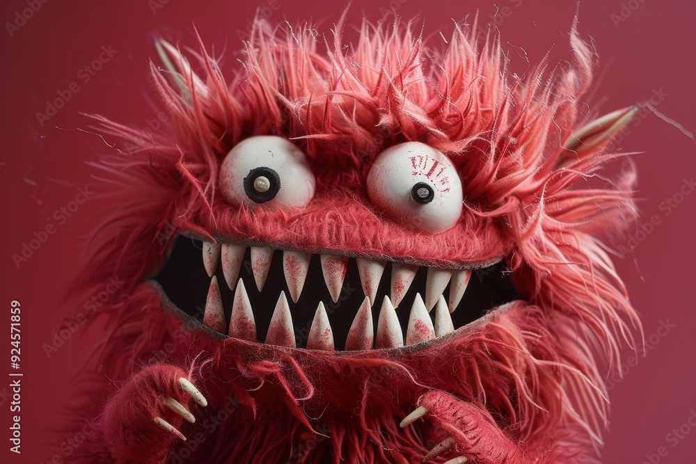 Obraz premium This expressive red furry monster puppet with big eyes and sharp teeth is perfect for adding a touch of humor to marketing campaigns.