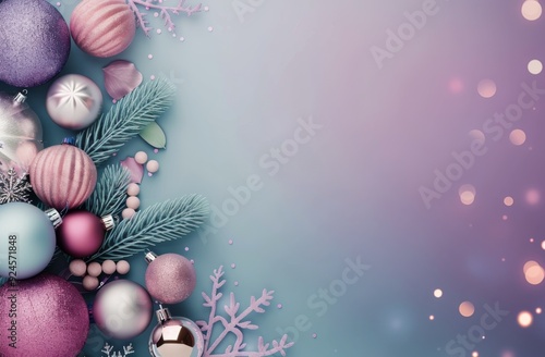 Colorful Christmas Ornaments and Pine Cones Decorate a Winter Background