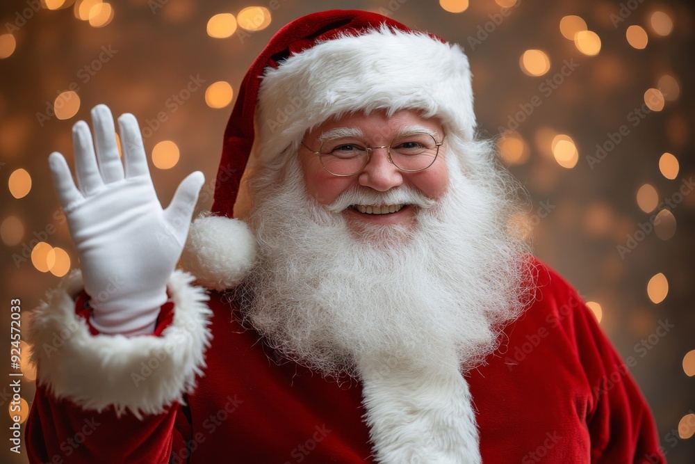 A smiling Santa Claus in his red suit waving at the camera A smiling Santa Claus in his red suit waving at the camera