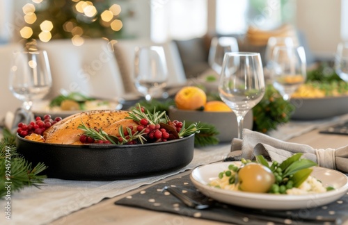 Holiday Feast Featuring Roast Turkey and Festive Dishes on a Dinner Table