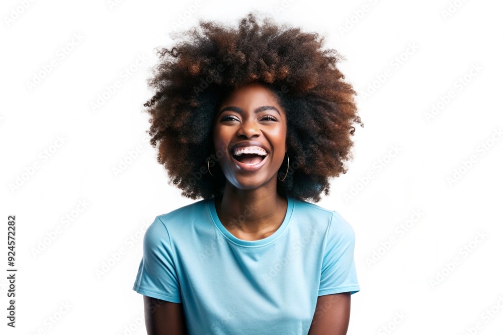 Happy African American woman with curly hair, laughing and smiling, set against a simple white backdrop Happy African American woman with curly hair, laughing and smiling, set against a simple white backdrop