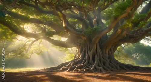 view from below of an old and large banyan tree with sunlight in the background