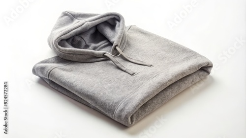 A neatly folded grey hoodie lies on a white background, its soft fabric and ribbed cuffs visible, evoking a sense of cozy comfort and relaxation. photo