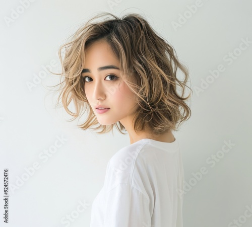 Young Woman With Wavy Hair Wearing White T-Shirt Poses Against a Plain Backgr...