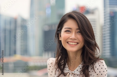 Cheerful Woman Smiling Against Urban Skyline During Daytime