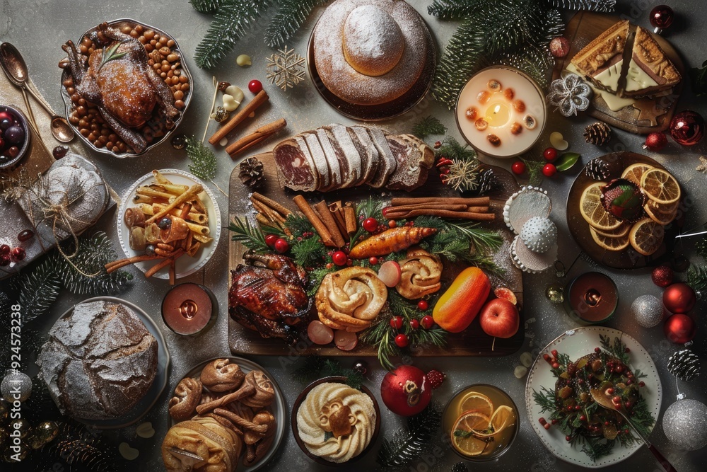 Festive Holiday Dessert Table with Christmas Cakes, Cookies, and Seasonal Decorations Festive Holiday Dessert Table with Christmas Cakes, Cookies, and Seasonal Decorations