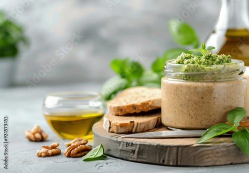 Fresh Basil Pesto With Olive Oil and Bread on Wooden Board