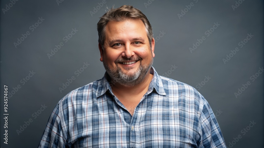 Obraz premium A slightly overweight middle-aged man with a subtle smile and gentle eyes, wearing a casual button-down shirt and jeans, exudes a sense of warmth and approachability.
