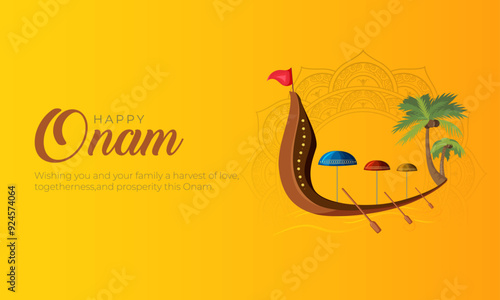 Happy Onam Festival Banner and Wish. Onam Background and Greeting Card with Text and Onam Boat Race Vector Illustration