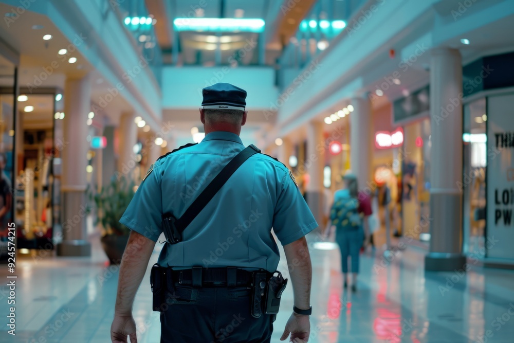 Security officer patrolling a mall. This photo captures the essence of security and safety. The vibrant shopping center setting adds to the visual appeal. Ideal for editorial content. Generative AI Security officer patrolling a mall. This photo captures the essence of security and safety. The vibrant shopping center setting adds to the visual appeal. Ideal for editorial content. Generative AI