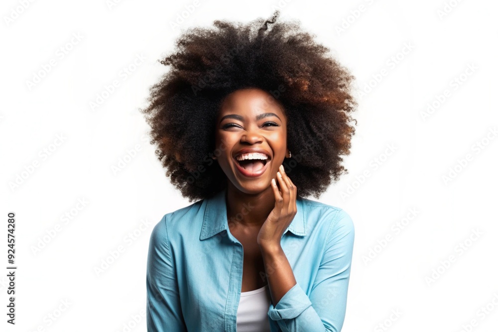 Happy African American woman with curly hair, laughing and smiling, set against a simple white backdrop Happy African American woman with curly hair, laughing and smiling, set against a simple white backdrop