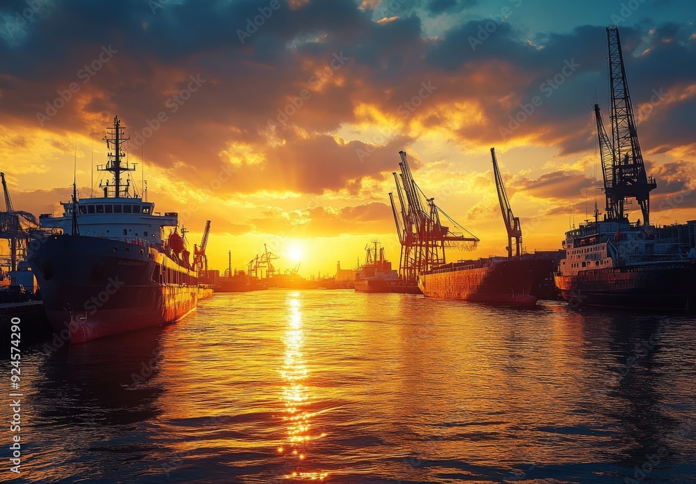Golden hour light over the harbor during sunset, casting warm hues on the water and creating a serene atmosphere with ships and cranes silhouetted against the sky Golden hour light over the harbor during sunset, casting warm hues on the water and creating a serene atmosphere with ships and cranes silhouetted against the sky