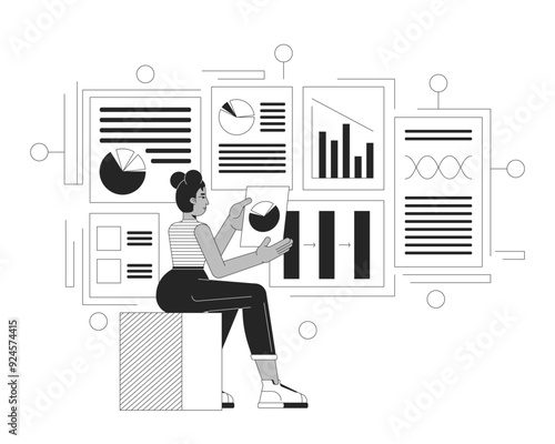 Data-driven product management black and white 2D illustration concept. Project manager african american woman outline character isolated. Business analyst with charts metaphor monochrome vector art
