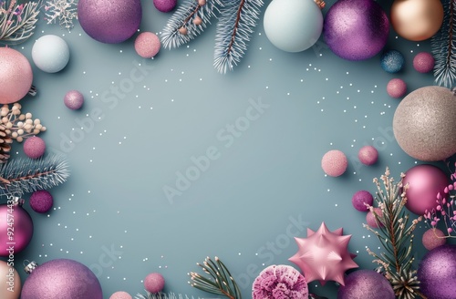 Colorful Christmas Ornaments and Pine Cones Decorate a Winter Background