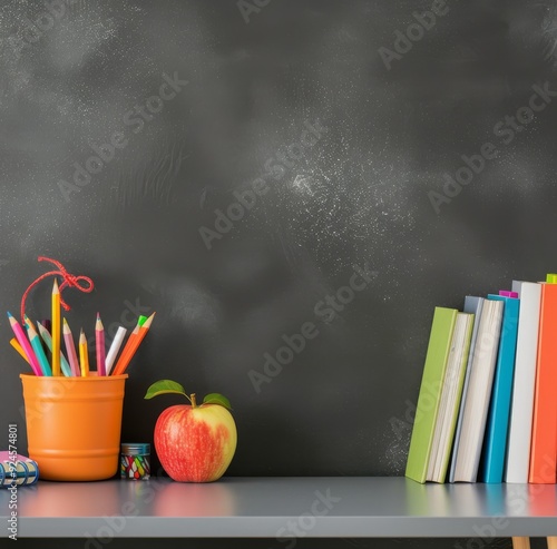 Books and Supplies on a Desk With an Apple in a Classroom Setting