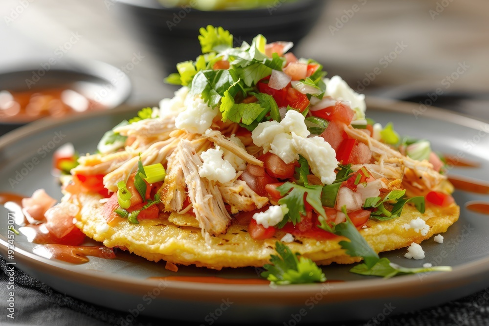 A delicious plate of shredded chicken topped with fresh vegetables and cheese on a tortilla. A delicious plate of shredded chicken topped with fresh vegetables and cheese on a tortilla.