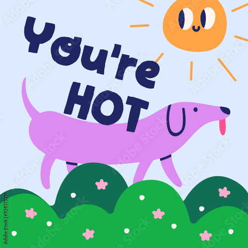 Funny post card design, cute dog, happy summer sun. Puppy walking in nature, ...