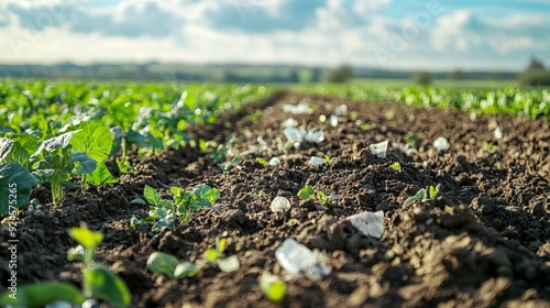 Microplastic pollution in soil, with microplastics contaminating the ground and plastic waste present in an agricultural field. Environmental and groundwater concerns related to plastic waste photo