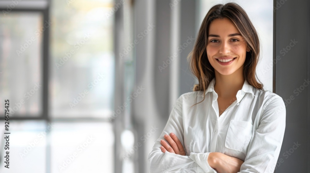 Confident businesswoman with crossed arms smiling in modern office, facing camera, embodying success in professional attire with sleek hairstyle. Confident businesswoman with crossed arms smiling in modern office, facing camera, embodying success in professional attire with sleek hairstyle.