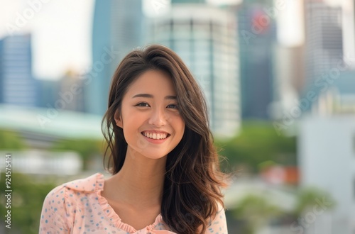 Cheerful Woman Smiling Against Urban Skyline During Daytime