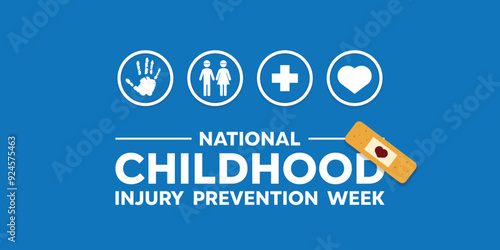 National Childhood Injury Prevention Week. Hand, childrens, plus icon, heart and band aid. Great for cards, banners, posters, social media and more. Blue background.