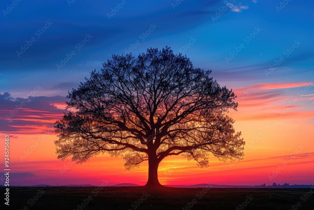 Silhouette of lone tree against colorful sunset Silhouette of lone tree against colorful sunset