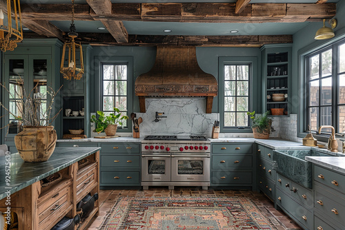 head on shot of sage green kitchen . Ornate hood vent, warm lighting . Rustic hand hewn Ceiling beams , vintage runner rug, brass chandeliers over island, dark lighting