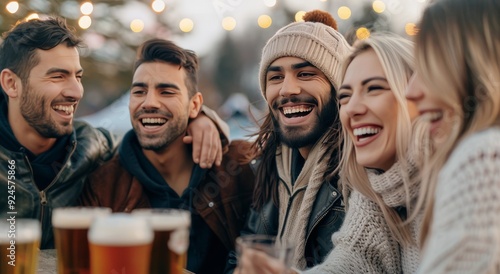 Friends Enjoying Drinks and Laughter at a Bar on a Busy Evening