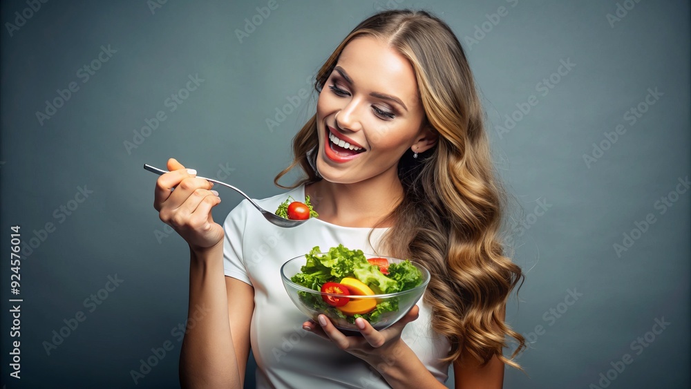 A vibrant, healthy young woman enjoying a nutritious salad in a studio setting, surrounded by a soothing gray background, epitomizing wellness and a balanced diet. A vibrant, healthy young woman enjoying a nutritious salad in a studio setting, surrounded by a soothing gray background, epitomizing wellness and a balanced diet.